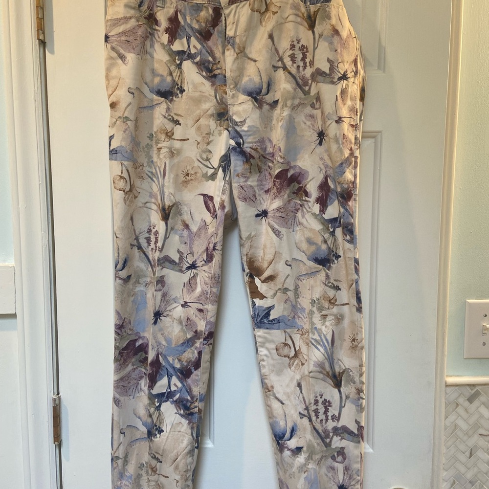 Chico’s Floral Print Casual Pants - Beige with Blue & Purple